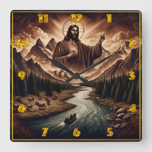イエス賛美の穏やかな川の風景 スクエア壁時計 (正面)