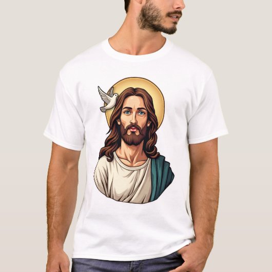 イエス鳩ハロ古めかしい彫刻Tシャツ 2 Tシャツ (正面)