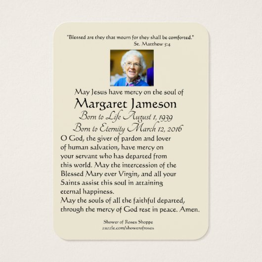 イエス・カトリック教会の葬儀の聖なるカード –  (裏面)