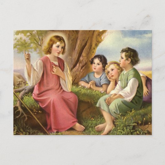 イエス・キリストが子供たちに教える、ヴィンテージ宗教 ポストカード (正面)