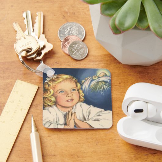 イエス・キリストに祈る少女、就寝前の祈り キーホルダー (デスク)