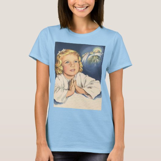 イエス・キリストに祈る少女、就寝前の祈り Tシャツ (正面)