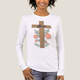 イエス・キリストのワードアートの十字架とサンゴ色の花 トライブレンドTシャツ