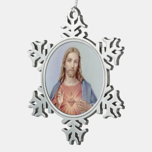 イエス・キリストのヴィンテージの神聖なハート スノーフレークピューターオーナメント (右)