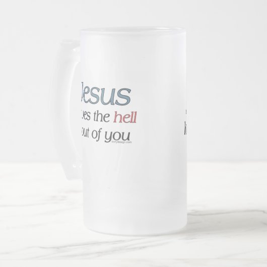 イエス・キリストはあなたから地獄を襲います愛します フロストグラスビールジョッキ (正面左)