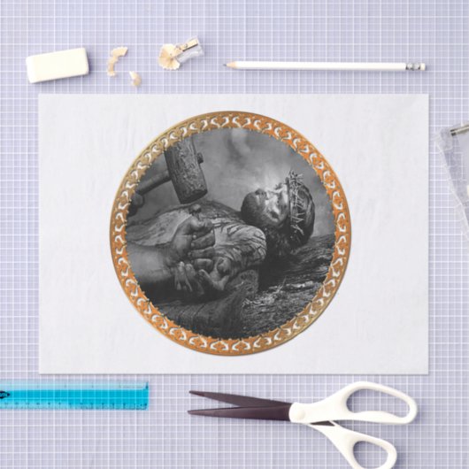 イエス・キリストは彼の腕によって釘付けし、ある手は留まります 薄葉紙 (クラフト)