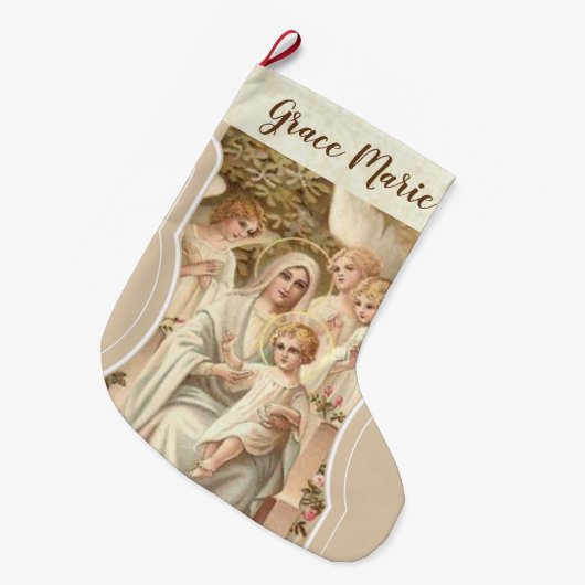 イエス・キリスト及び天使のパーソナライズな聖母マリア ラージクリスマスストッキング (正面 (吊り時))