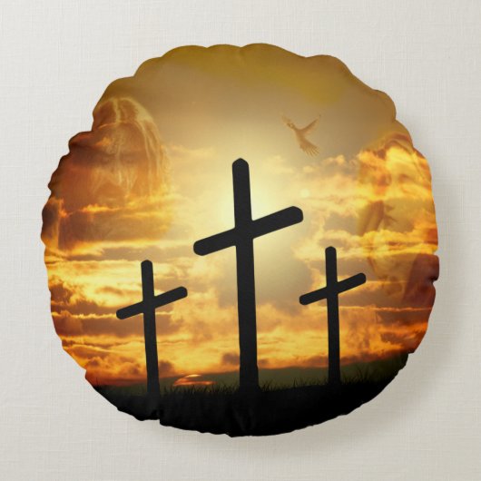 イエス・キリスト賛美された聖母マリア鳩Calvery ラウンドクッション (正面)