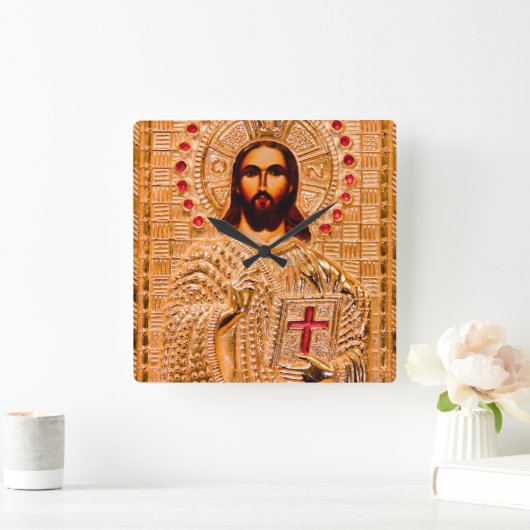 イエス・キリスト金アイコン スクエア壁時計 (ホーム)