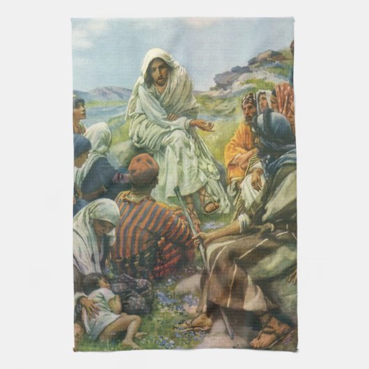 イエス・キリスト・説教山、ヴィンテージ宗教 キッチンタオル (縦)