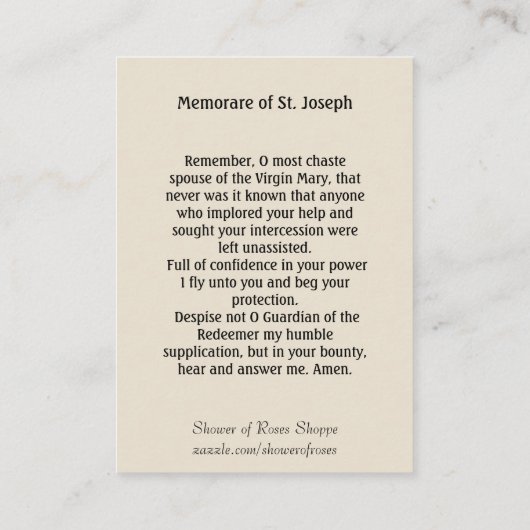 イエス・キリストMemorareの神聖なカードとのセントジョーゼフの歩く 名刺 (裏面)