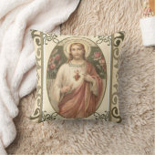 イエス・キリストw/pinkのバラの神聖なハート クッション (ブランケット)