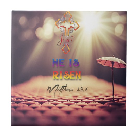 イエス・ゴールデンクロス彼はマタイ28:6 タイル (正面)