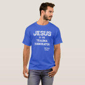イエス トラウマ ターミネーター 聖書 キリスト教 ブルー Tシャツ (正面フル)