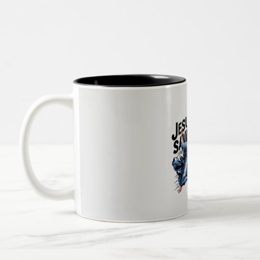イエス・バレーボ救レス・おもしろいキリスト教信仰 ツートーンマグカップ (左)