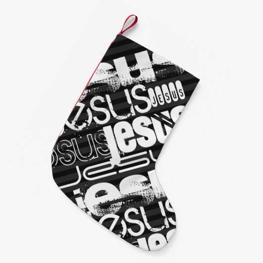 イエス、ブラック&ダークグレーストライプの スモールクリスマスストッキング (正面 (吊り時))