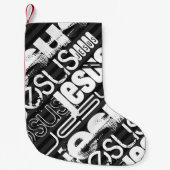 イエス、ブラック&ダークグレーストライプの スモールクリスマスストッキング (正面)