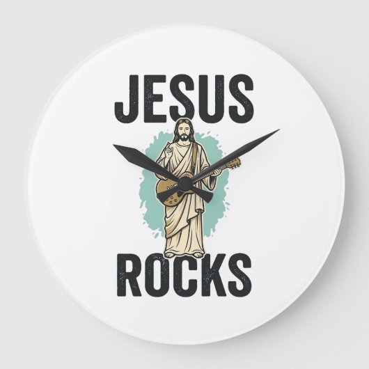 イエス・ロックス・ギター ビンテージ風キリスト教の彫刻デザイン ラージ壁時計 (正面)