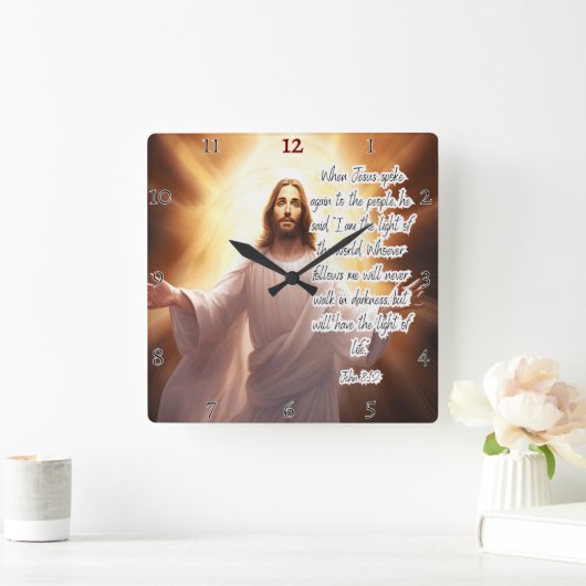 イエス：光、世界、永遠の命 スクエア壁時計 (ホーム)