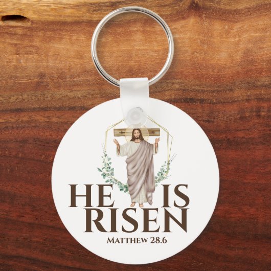 イエス・木製クロス・イースター彼は復活したカトリック キーホルダー (正面)