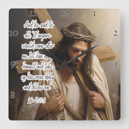 イエス：毎日の十字架後を追よ スクエア壁時計 (正面)