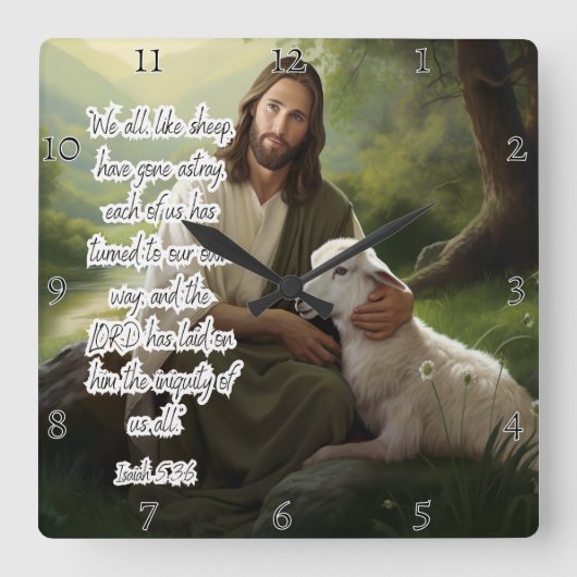 イエス：羊飼い、子羊、不法を置いた スクエア壁時計 (正面)