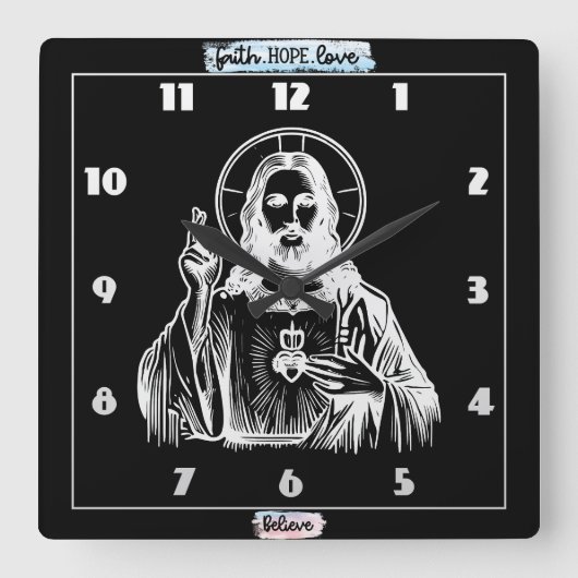 イエズスの黄金描写による宗教芸術 スクエア壁時計 (正面)