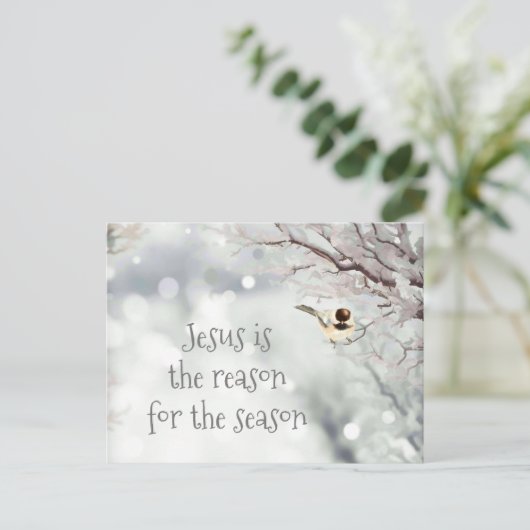 イエズスクリスマス引用文かわいい冬の霜の鳥 シーズンポストカード (スタンド正面)
