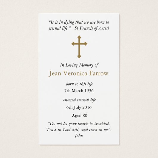 イエズス・クロス葬儀記念祈りの言葉共感表 (裏面)