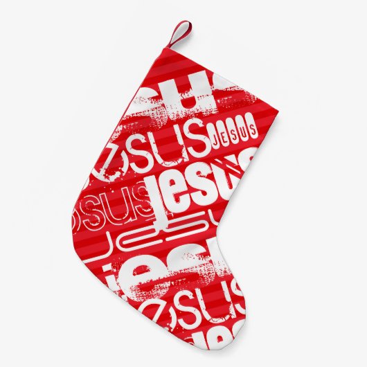 イエズス；緋色の赤ストライプい スモールクリスマスストッキング (正面 (吊り時))