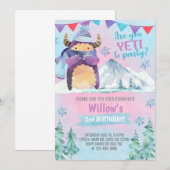 イエティ冬の女の子の誕生日招待状、イエティの招待状。 招待状 (正面/裏面)