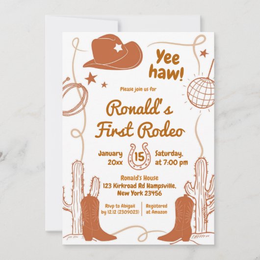 イエハウディスコカウボーイファーストロデオ誕生日ボーイ 招待状 (正面)