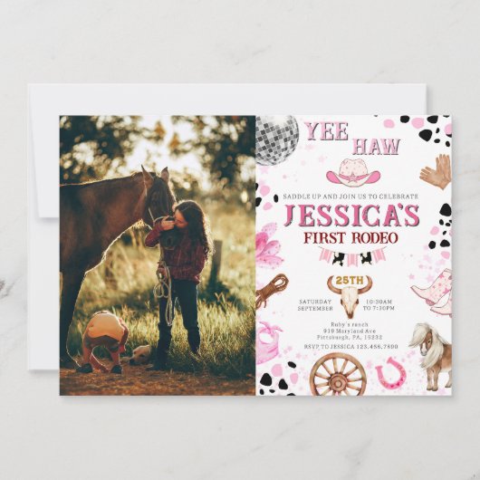 イエハウディスコ女性のカーボーイフォトロデオ誕生日 招待状 (正面)