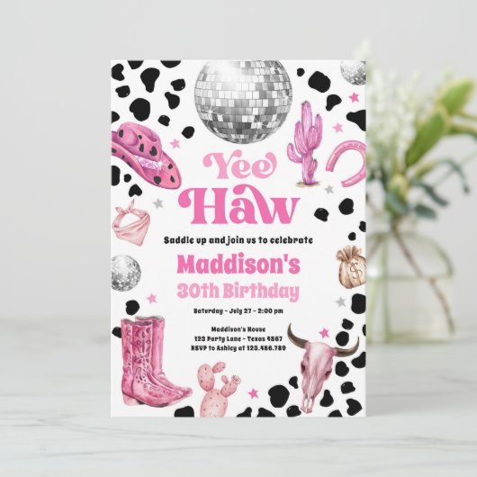 イエハウディスコ女性のカーボーイ宇宙ロデオカントリー誕生日 招待状 (スタンド正面)
