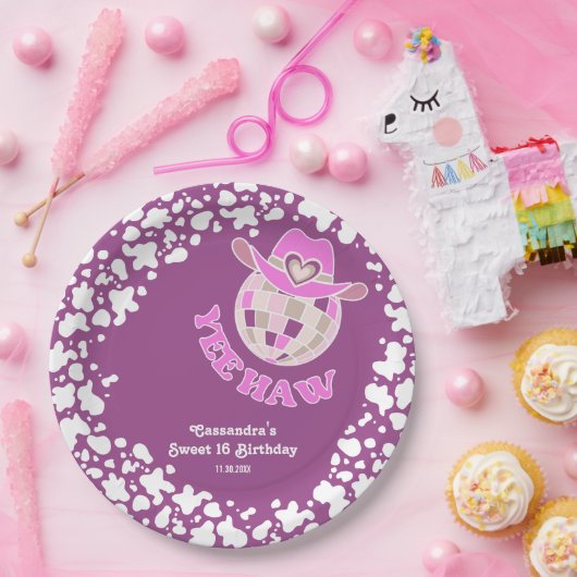 イエハウパープルディスコ女性のカーボーイロデオ誕生日 ペーパープレート (パーティー)