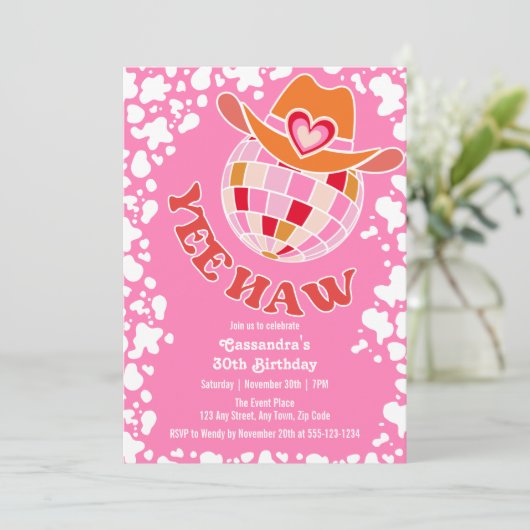 イエハウピンクディスコ女性のカーボーイロデオ誕生日 招待状 (スタンド正面)