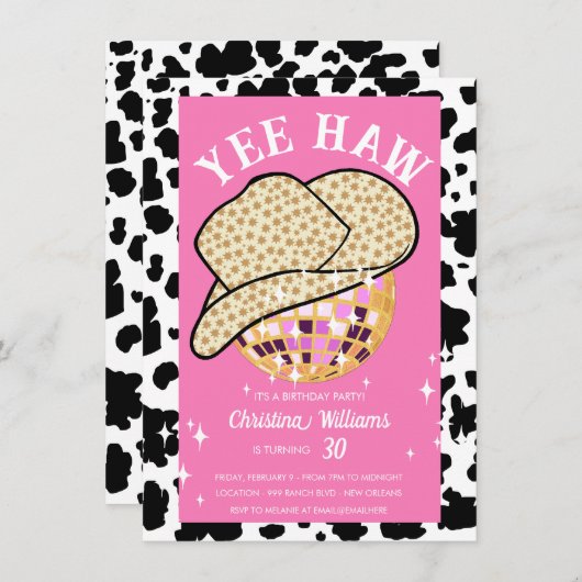 イエハウピンク女性のカーボーイディスコロデオ30歳の誕生日 招待状 (正面/裏面)