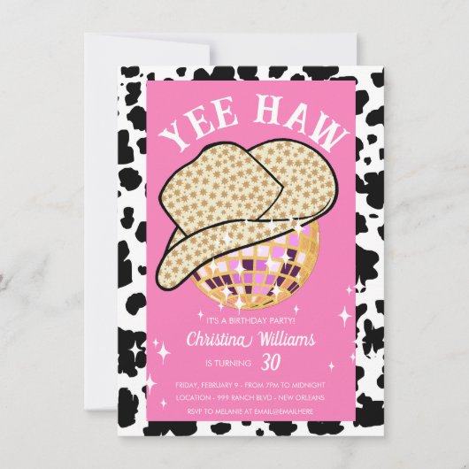 イエハウピンク女性のカーボーイディスコロデオ30歳の誕生日 招待状 (正面)