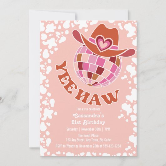 イエハウピーチディスコ女性のカーボーイロデオ誕生日 招待状 (正面)