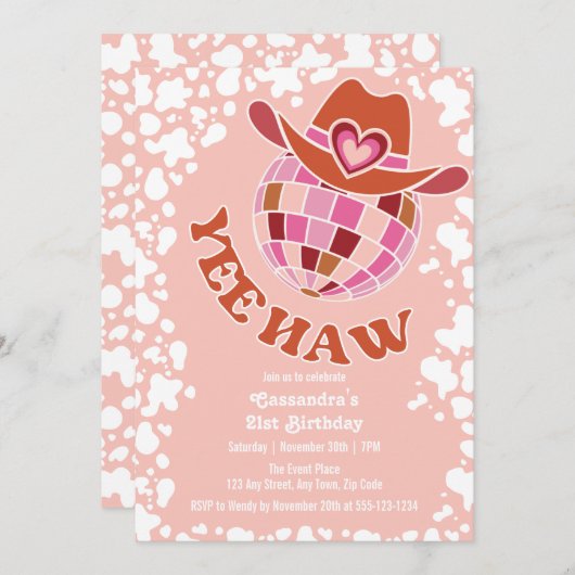 イエハウピーチディスコ女性のカーボーイロデオ誕生日 招待状 (正面/裏面)