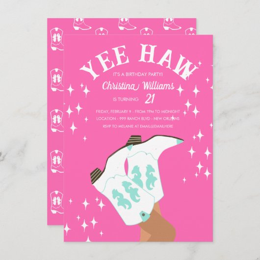 イエハウホットピモダンックスクウェスタンロデオ誕生日 招待状 (正面/裏面)