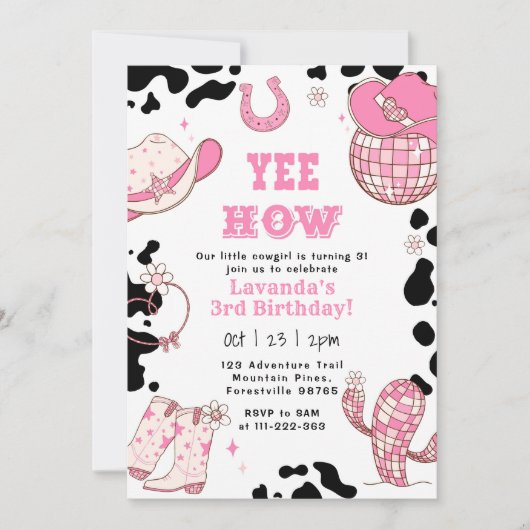 イエハウロデオ女性のカーボーイ3歳の誕生日パーティー 招待状 (正面)