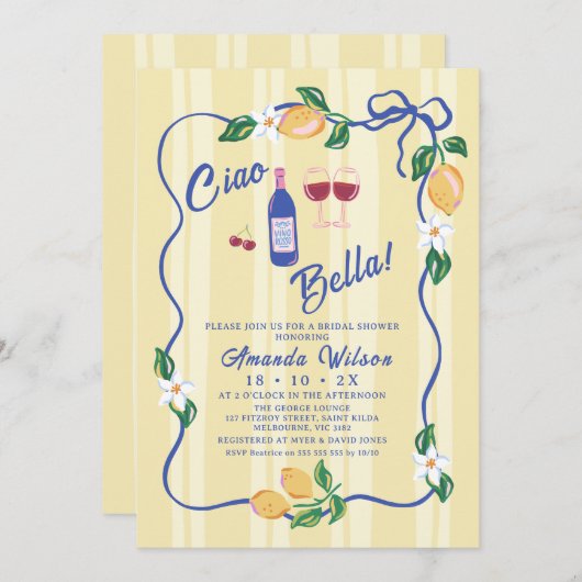 イエロお洒落ストリップチャオベラブライダルシャワー 招待状 (正面/裏面)