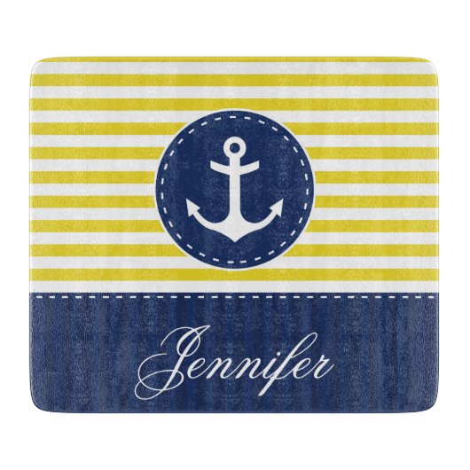 イエロかわいらしネイビーブルーいかりカスタム文字 カッティングボード (正面)