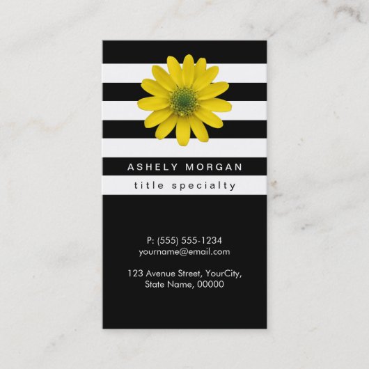 イエロエレガントガーベラデイジー-白黒ストライプズ 名刺 (正面)