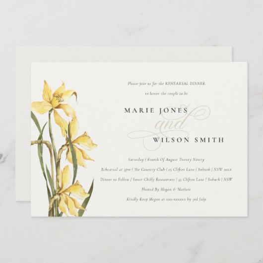 イエロエレガントダフォディルリハーサルディナー招待状 サンキューカード (正面/裏面)