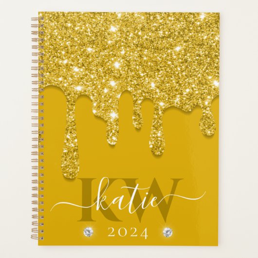 イエロエレガントドリップグリッターモノグラム プランナー手帳 (正面)