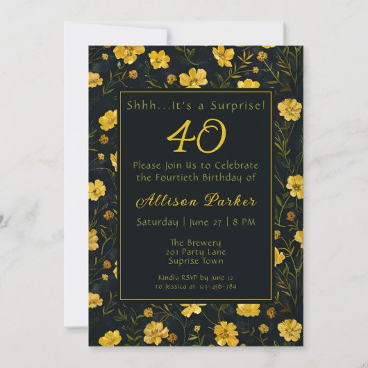 イエロエレガントーバターカップサプライズ誕生日パーティー 招待状 (正面)