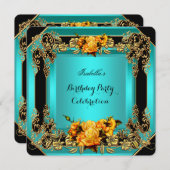 イエロエレガントーローズティール(緑がかった色)金ゴールドブラック誕生日 招待状 (正面/裏面)
