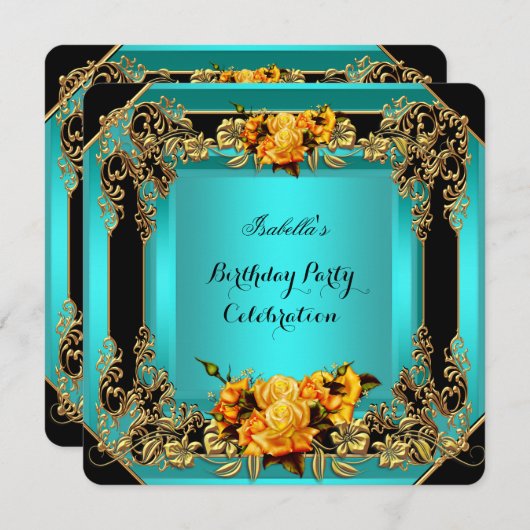 イエロエレガントーローズティール（緑がかった色）金ゴールドブラック誕生日 招待状 (正面/裏面)
